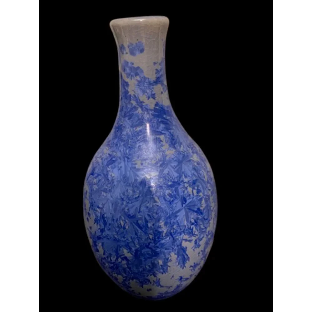 Vintage Handmade Signed Blue White Crystalline Teardrop Vase 8